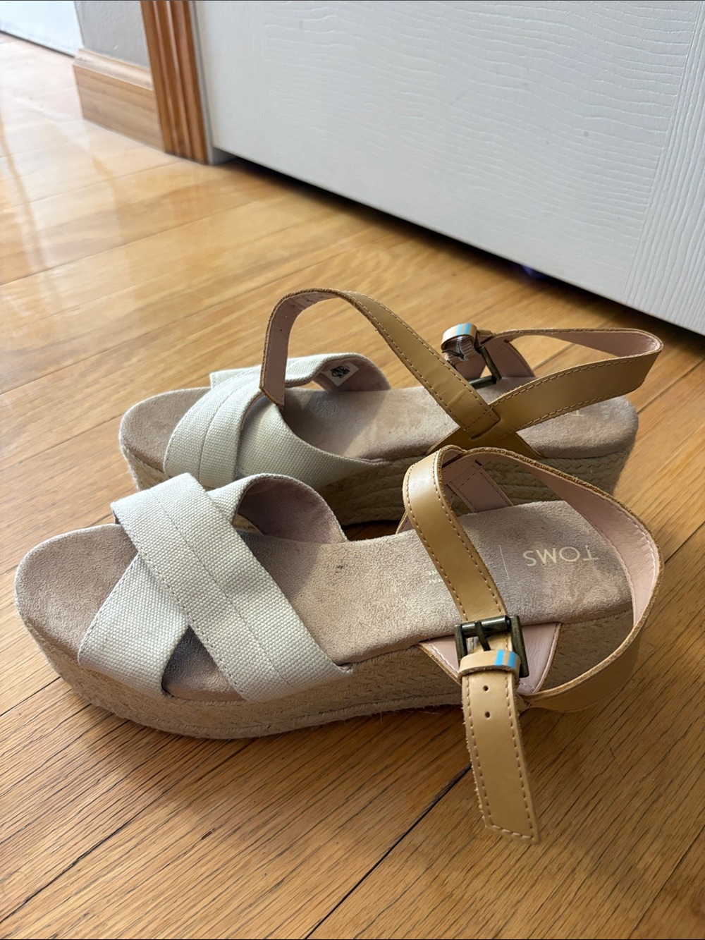TOMS Beige Canvas Crossover & Tan Strap Platform Sandals